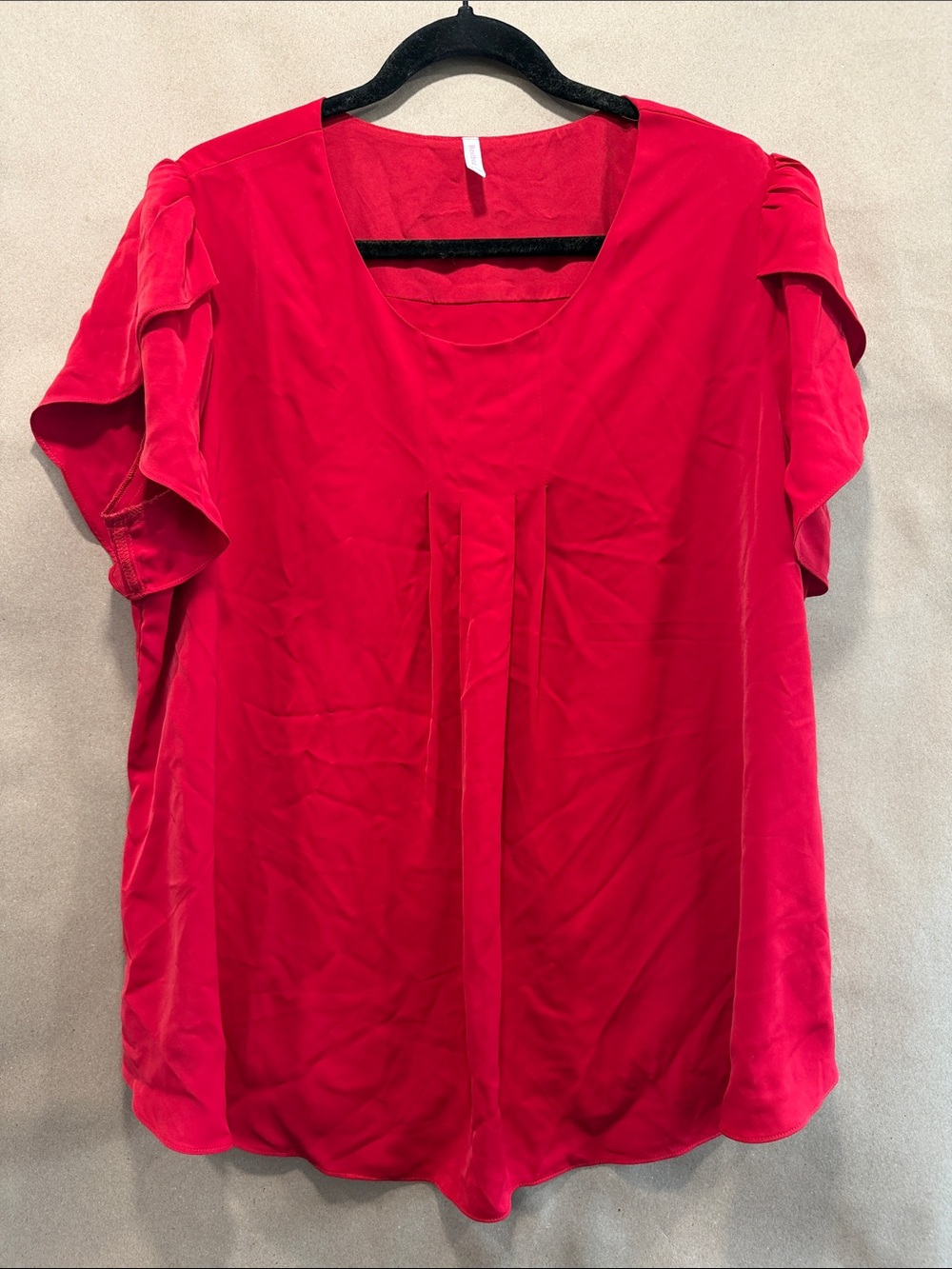 Bright Red Ruffle Sleeve Blouse with Front Pleat